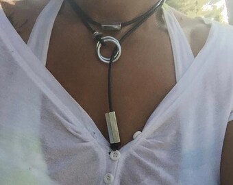 Women's leather necklace, double wrap, zinc-plated steel rings and tubes, women's jewelry, leather necklace, necklace, trendy