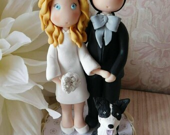 wedding cake topper bride & groom with dog
