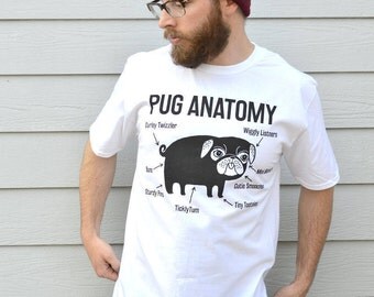 Pug Anatomy T shirt, Premium Pug Tee. Available In 3 Colours In Sizes S, M, L, and XL