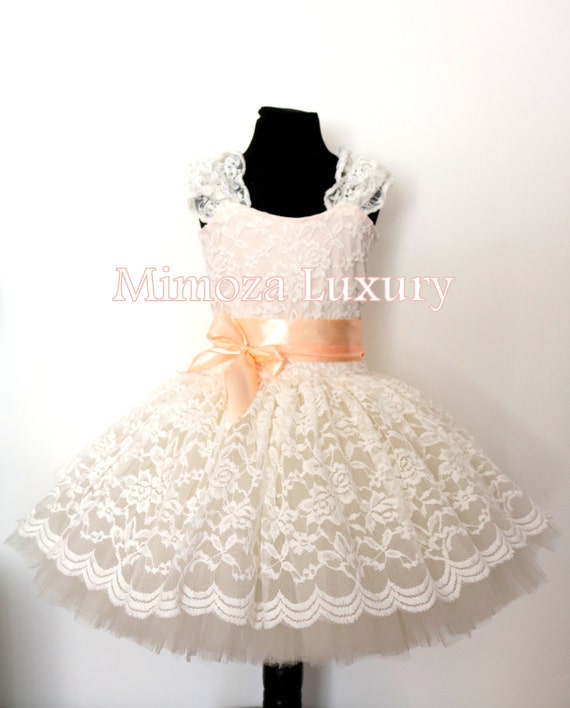 Lace Ivory Peach Flower girl dress, Ivory Champagne Birthday dress, Cream Peach tutu dress, Christening lace tutu dress, Baptism lace dress