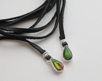 Ammolite Necklace, Black Leather Choker, Leather Wrap Necklace, Festival Jewelry, Long Boho Necklace, Sterling Silver
