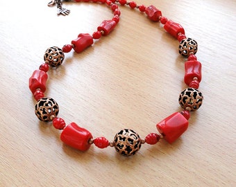 Red coral necklace stone red bead copper necklace jewelry natural beaded coral corals bright red necklace coral beach nautical necklace