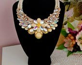 Handmade bib statement necklace with golden details and fluorescent acrylic gemstones, gift for her, rhinestone crystal necklace