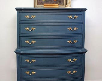 Vintage French Provincial Highboy Dresser, Hand Painted Chest of Drawers