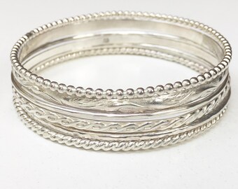 Sterling Silver Bangle Set of (6) - Heavy Set of Sterling Silver Bangles Design Assortment of Six - Sterling Stacking Bracelets - Marked 925