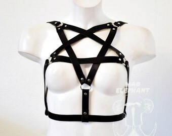 Womens adjustable pentagram harness made of genuine leather black gothic party top