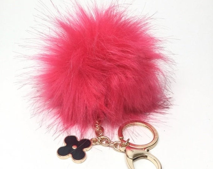 NEW! Faux Fox Fur Pom Pom bag Keyring Hot Couture Novelty keychain pom pom fake fur ball in Hot Pink