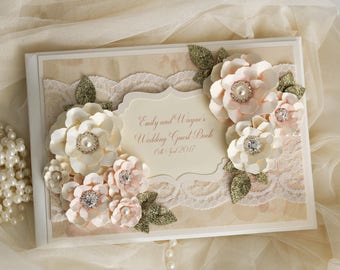 Blush pink and gold lace guest book, personalised wedding guestbook, lace wedding guest book, can be personalised with any words or colour
