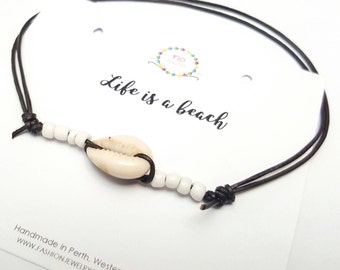Cowrie shell anklet Beach anklet Adjustable leather anklet Ankle bracelet Mens Unisex foot bracelet Gift ideas Gifts under 10