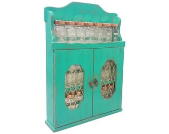 Vintage Turquoise Spice Rack, Hand Painted Wood with Jars-Shabby Chic Style