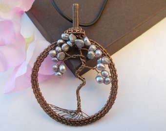 Tree of life pendant , pearl pendant , wire wrapped pendant , wire wrapped jewelry , wire jewelry , pearl jewelry , tree of life jewelry