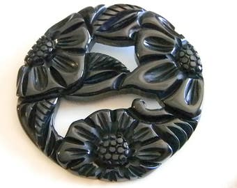 Large Black Lucite Floral Pin Brooch