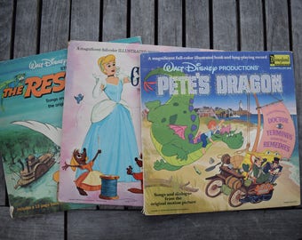 Vintage Disneyland Records Storyteller Lot of 3 Disney Rescuers Cinderella Pete's Dragon Record with Songs and Book from Movies LP Vinyl