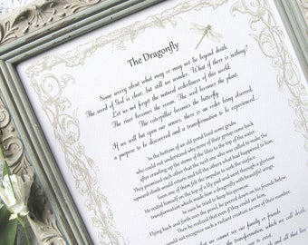THE DRAGONFLY framed story on death dying, Sympathy gift, Grieving friend gift, Grief gift, Terminal Illness comfort, Funeral planning