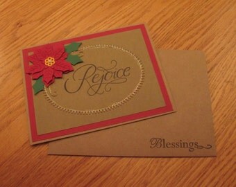 Christmas Card, Rejoice, Poinsettia, Embossed, Sparkle, Red, Green, Kraft Paper, Handmade