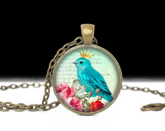 Bird Jewelry Blue with Crown Bird Necklace Gift for Her Blue Bird Jewelry