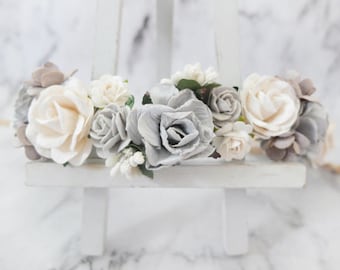 Gray and white wedding flower crown - head wreath - bridesmaid hair accessories - flower girls - garland