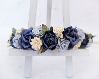 Flower crown - navy dusty blue ivory flower headpiece - hair accessories - floral hair wreath - halo - garland