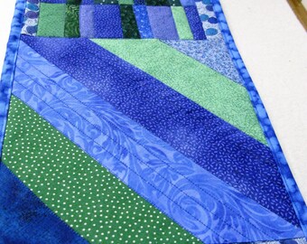 Quilted table runner, blue, green, purple Vibrant, Bold, spring quilted table runner