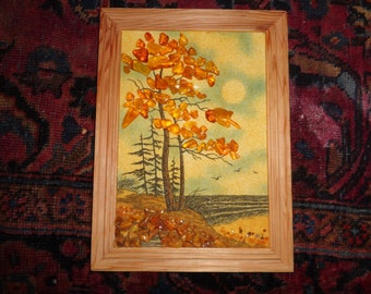 Vintage Golden Amber Gravel Art Landscape Scene made with Real Gemstones that represent leaves both on and off a tree in the fall on a shore