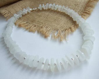 Sea glass statement 20'' necklace with silver plated beads, white Scottish sea glass necklace, sea glass and silver bead necklace, bridal