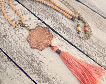 Mandala, mala, pink, copper tassel necklace engraved, wood, yoga beads