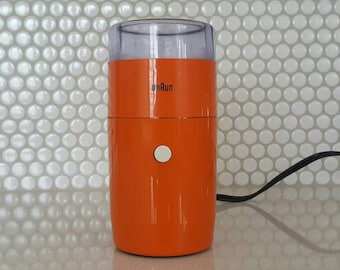 Braun Coffee Grinder Reinhold Weiss Model KSM1 Braun AG Frankfurt West Germany 4024 Mid Century Modern Kitchen 1960's Orange Coffee Grinder