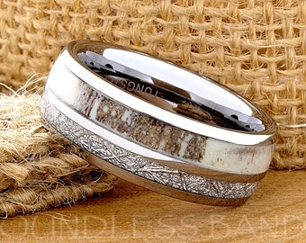 Tungsten Ring Tungsten Wedding Ring Band Meteorite Deer Antler Ring Mens Women's Wedding Band Promise Anniversary Dome 8mm Matching Ring Set