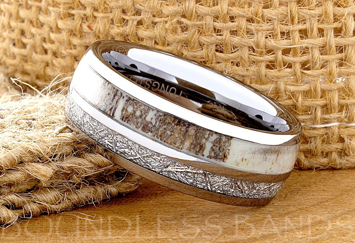 Tungsten Ring Tungsten Wedding Ring Band Meteorite Deer Antler Ring Mens Women's Wedding Band Promise Anniversary Dome 8mm Matching Ring Set