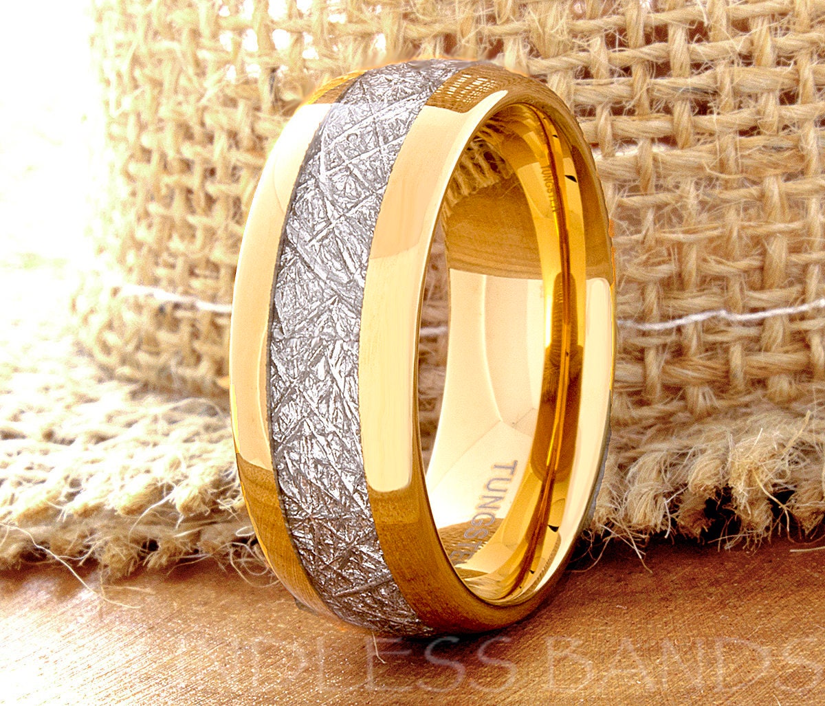Tungsten Wedding Ring Band Meteorite Ring Mens Women's Wedding Ring Anniversary Ring Dome 8mm Yellow Gold Matching Ring Set Perfect Gift New