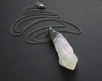 Angel Aura Quartz Necklace Rough Gemstone Wire Wrapped Necklace White Angel Quartz Pendant Boho Layer Titanium Quartz Necklace