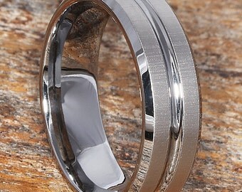 7mm Tungsten Wedding Band with Carved Center and Matte Surface, Custom Black or Regular Tungsten, Mens Wedding Band, Tungsten Rings for Men