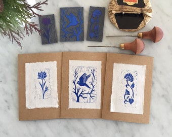 Pack of 3 Greeting Cards, Handmade, Linocut, Hand Printed, Floral, Bird, Blank Card, 3 PACK HANDPRINTED CARDS