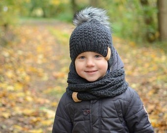Toddler Boy Knit Hat, Wool Baby Boy Hat, Toddler Boy Winter Hat, Faux Fur Pom pom Baby Boy Hat, Knitted Boys Beanie,Grey Beanie for Baby Boy