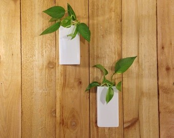 Steel Floating Wall Pocket Planter-- Modern Hanging Design -- Flush Mounting -- White Powder Coated Finish