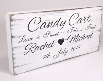 Personalised Candy Cart Sign - Custom Free Standing White Vintage Wedding Table Sign / Plaque - Shabby but Chic -Aged - Handmade