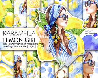 Boho Digital Paper Summer Paper Fashion Illustration Seamless Patterns Watercolor Lemons Digital Paper Tropical Fruit Paper Planner Stickers