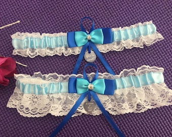 White lace garter set, Lt blue satin, Navy blue/Turquoise bow and Rhinestone, personalized tag, Wedding garter, Bridal garter, Custom garter
