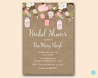 Pink Mason Bridal Shower Invitation, Burlap Baby Shower Invitation, Bridal Shower Invitation, Baby Shower Invitation BS459 TLC459 ds