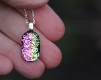 Tiny pink and yellow dichroic glass pendant, dichroic glass necklace, fused glass, fused glass pendant, dichroic necklace , pink dichroic,