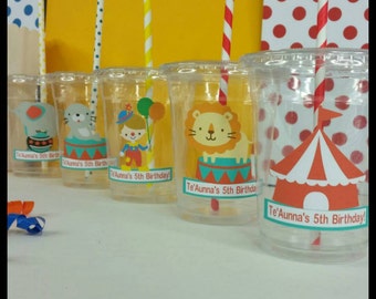 12 Personalized Circus/Carnival Themed Party Cups with Lids and Striped Straws, County Fair Party Cups