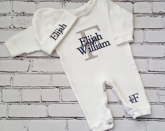 Monogrammed Baby Boy Outfit Baby Boy Coming Home Outfit Newborn Baby Boy Personalized Baby Gift Embroidered Baby Boy Take Home Outfit