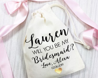 Will you be my Bridesmaid gift bag. Personalised cotton bag. Wedding day keepsake bag.