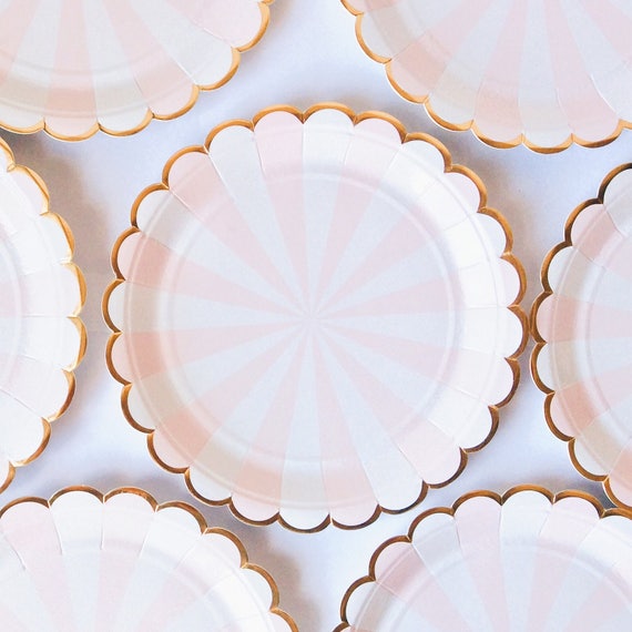 Pink and white stripe plates Scalloped edge pink wedding