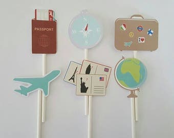 Travel cupcake toppers - set of 12, plane cupcake toppers, bon voyage theme, vacation theme