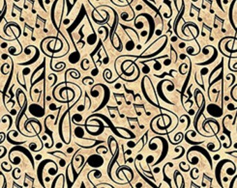 Encore Music Notes Treble Clefs on Oatmeal Cream Tan - by the Half Yard
