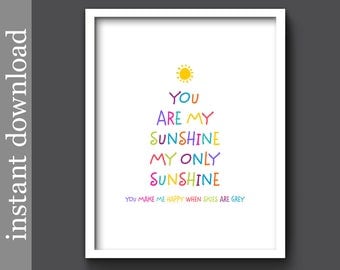 You Are My Sunshine, nursery printable, colorful nursery art, nursery wall art, baby shower gift, children's art, nursery decor, baby decor
