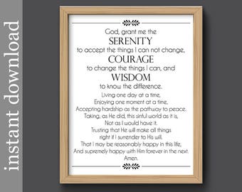 Full Serenity Prayer, serenity printable, inspiration print, encouragement, AA support, emotional support, digital download, serenity print