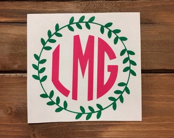 Vine Circle Monogram - Vine Decal - Glitter Monogram - Monogram Sticker - Laptop Decal - Cell Phone Decal - Car Decal - Tumbler Decal