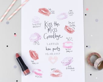 Kiss the Miss Goodbye Print. Personalised Hen Party Gift. Keepsake Print. Kisses for the Mrs. UK Seller